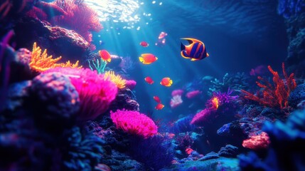 Naklejka premium Vibrant Underwater Coral Reef Scene with Colorful Fish Swimming Gracefully