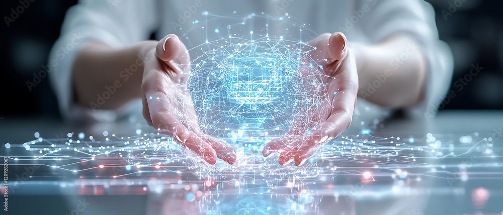 Aufkleber harnessing digital innovation hands embracing data sphere in a futuristic tech environment