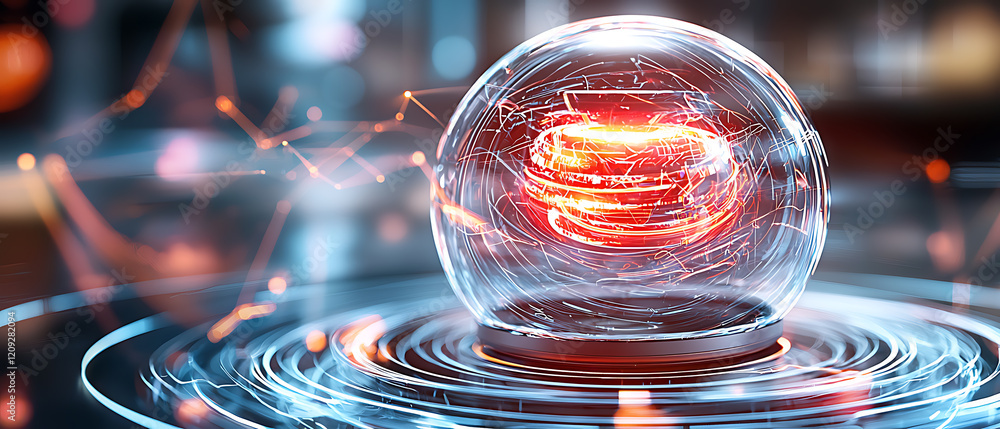Poster dynamic energy sphere creation futuristic lab digital art high-tech environment macro view innovatio