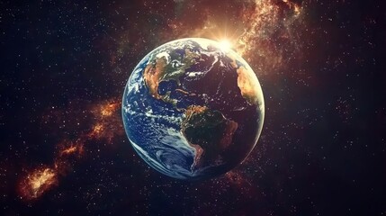 Obraz premium Stunning Earth from Space Sunrise over Planet Earth Cosmic Nebula Background