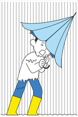 非常に激しい雨の中傘をさし長靴を履いている男性