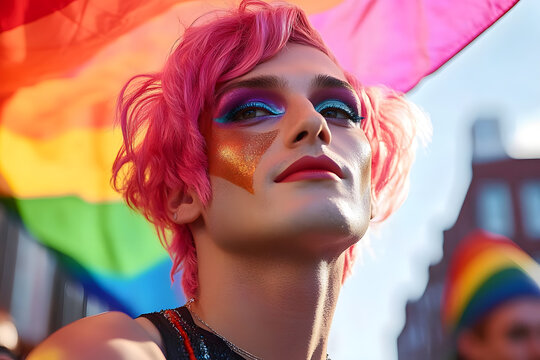 LGBT history month: Gay pride parade, Fictional queer or gender non binary person with pink hair: Man with makeup, drag queen, background with rainbow flag