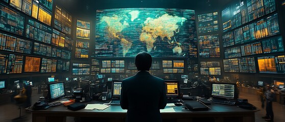 Man overlooking global data network.