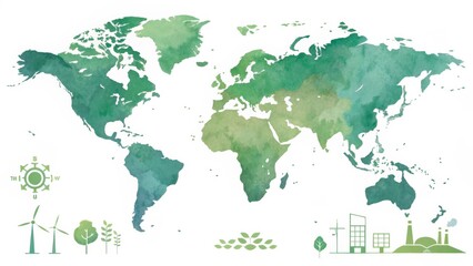 Green Watercolor World Map Sustainable Concept, Eco-Friendly Design, Watercolor Painting, Global Environmental, World Map Illustration Green energy, sustainable development