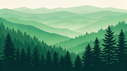 Fototapeta premium Green Mountain Landscape Silhouetted Pine Trees, Layered Hills, Digital Painting, Nature Scenery,Forest Illustration Keywords Landscape, Nature