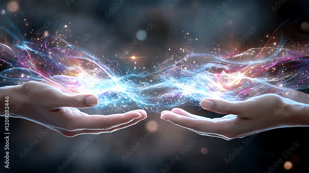 Poster dynamic energy exchange between hands abstract space digital art futuristic environment close-up vie