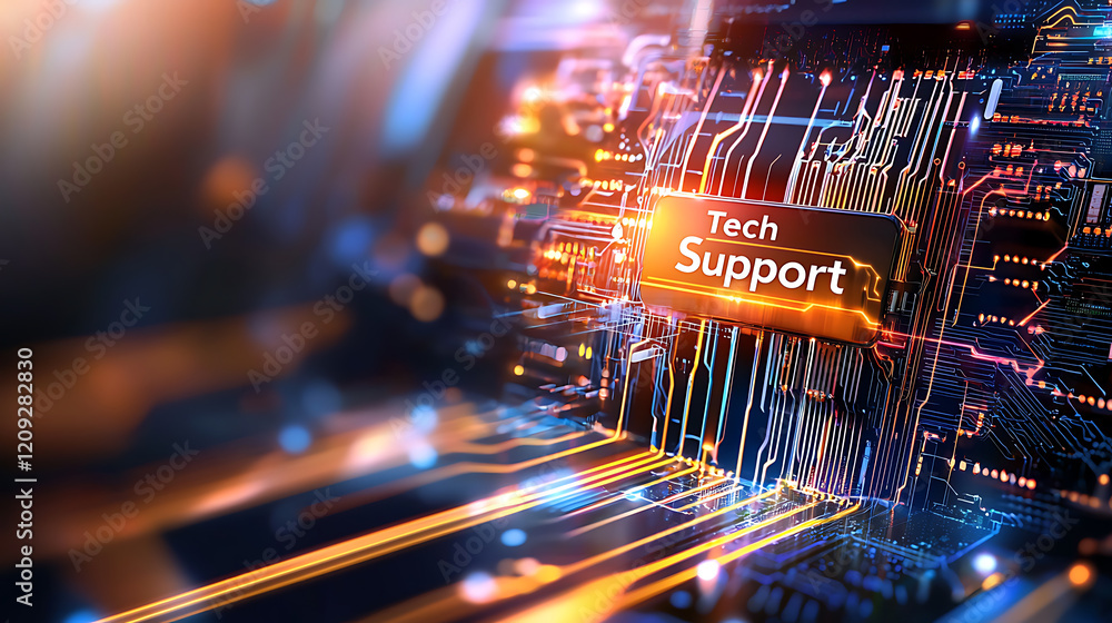 Poster tech support assistance digital circuit graphic design futuristic environment close-up view technolo