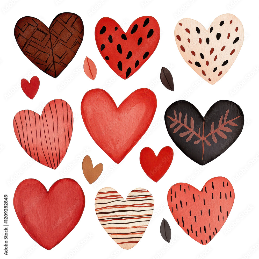 Poster a collection of various heart shapes in different colors and patterns, showcasing a playful and arti