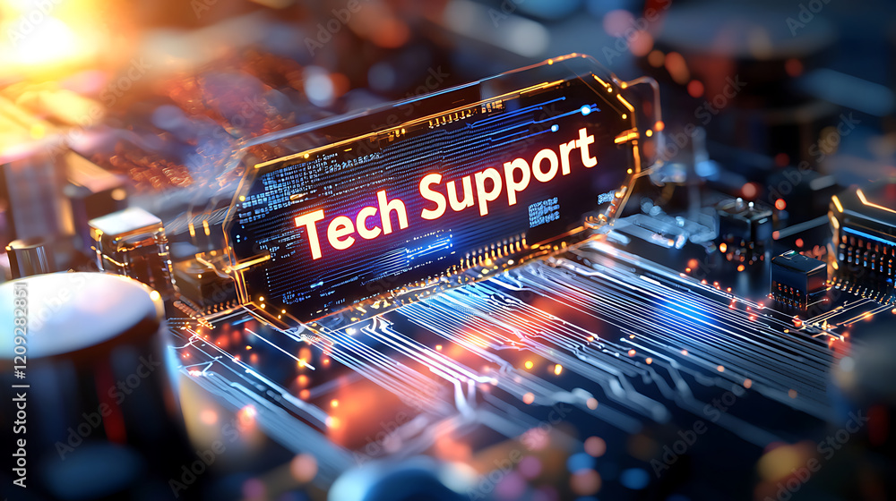 Poster tech support innovations technology sector digital graphics modern office environment high-tech view