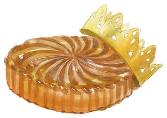 フランスの伝統菓子ガレット・デ・ロワと王冠の水彩イラスト_透過PNG