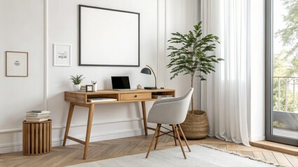 Minimalist Home Office Setup Wooden Desk, Neutral Palette, Mockup Frame, Plant Decor, Home Decor, Interior Design Home office, minimalist design