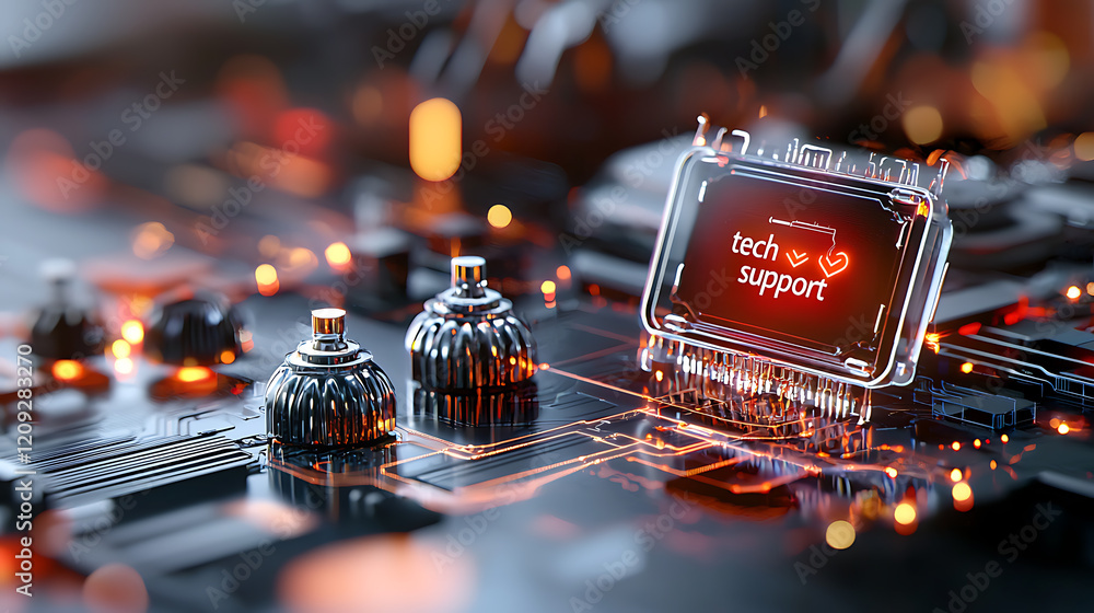 Poster tech support innovations digital circuit board graphic design high-tech environment close-up view mo