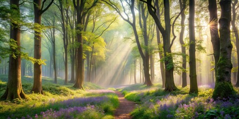Fototapeta premium Sunbeams Illuminate a Mystical Woodland Path, Bathed in Morning Mist and Spring Blossoms