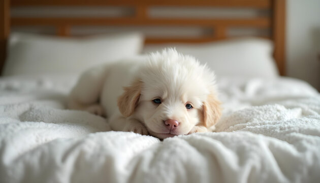 Lindo cachorro de perro descansando en una cama de s&aacute;banas suaves y blancas