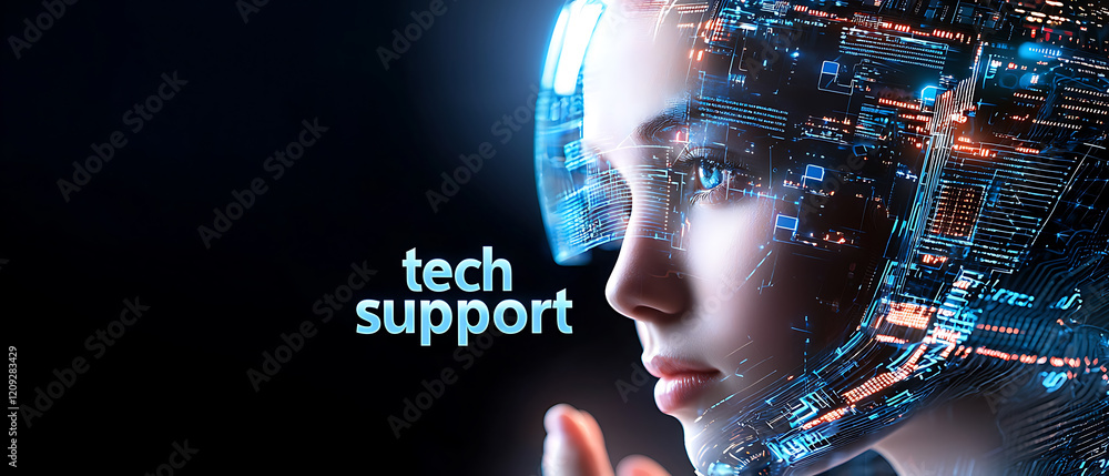 Poster tech support innovation virtual environment digital art futuristic city close-up view ai integration