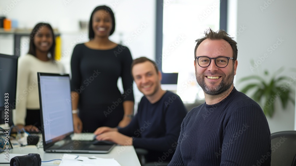 Aufkleber a diverse group of businesspeople engage in lively collaboration within a bright, modern office envi