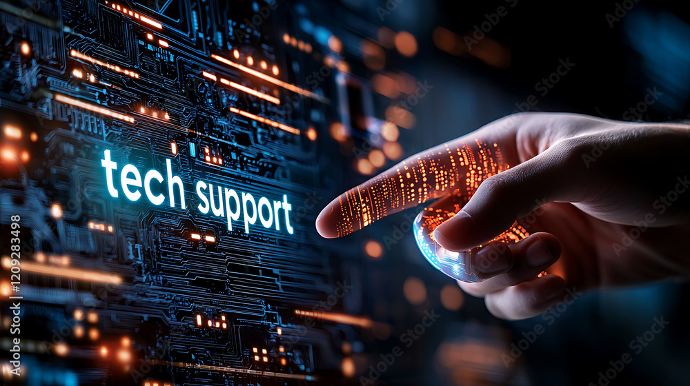 Poster tech support assistance virtual environment digital interaction technology close-up user engagement