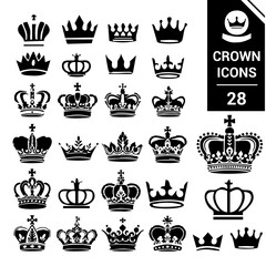 Black Crown Icons Set Royal King Queen Design Graphic art logo white regal power badge image vector 