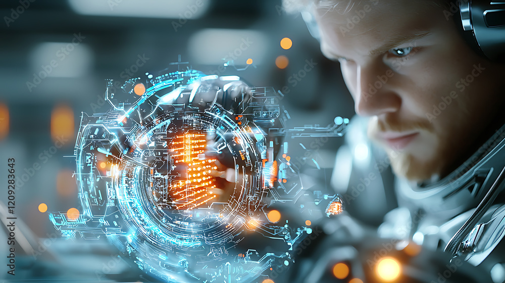 Poster futuristic technology interaction sci-fi laboratory digital art high-tech environment close-up viewp