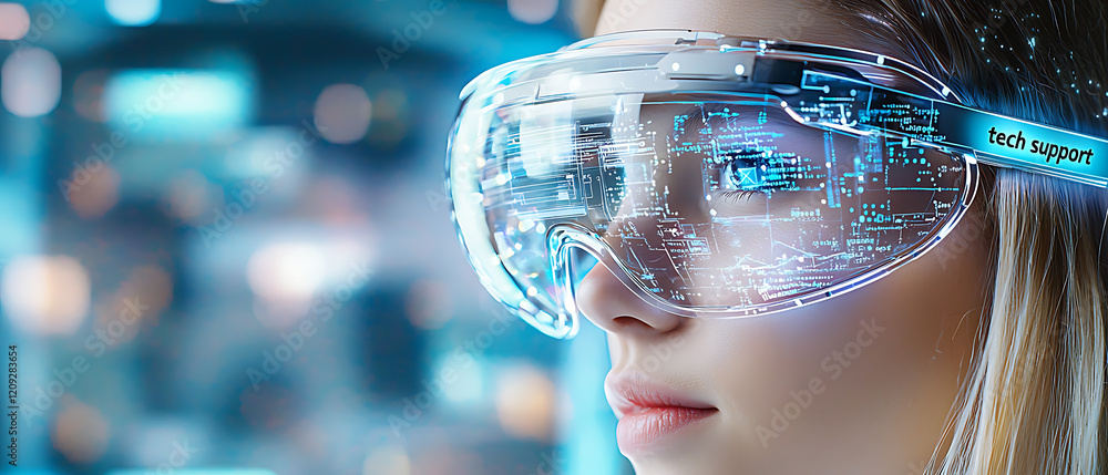 Poster innovative tech support using augmented reality glasses in a futuristic setting digital technology c