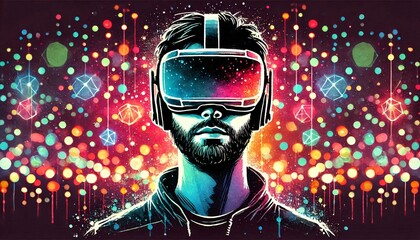 Person wearing VR headset in vibrant neon bokeh lights