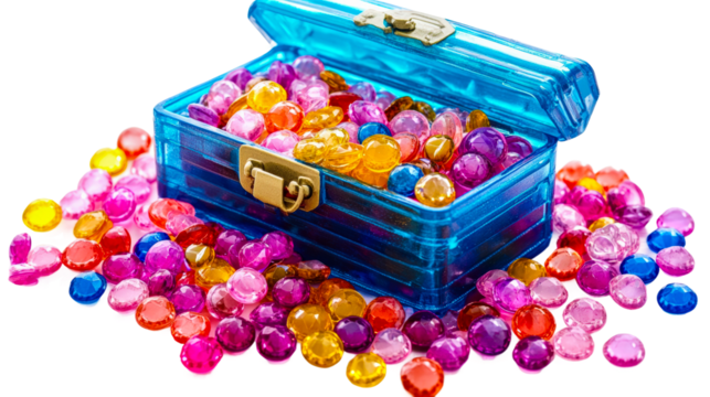 Colorful decorative gems in a blue container spread across a surface isolated on transparent background