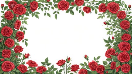 Red Rose Frame Border Digital Painting, Floral Composition, Romantic Concept, Roses, Botanical Illustration Roses, Frame