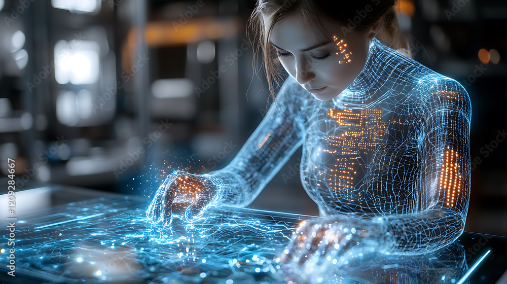 Poster futuristic technology interaction digital workspace virtual reality high-tech environment close-up v