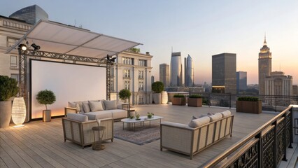 Fototapeta premium Rooftop Cinema Design Modern Outdoor Seating, City Skyline, Evening Ambiance, Wooden Deck, Projection Screen. Outdoor Cinema, Rooftop Design