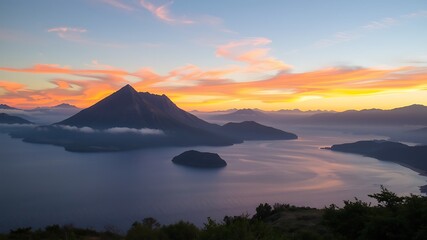 Naklejka premium Breathtaking sunset over volcanic lake and mountains in guatemala, with a small island in the foreground, creating a serene landscape.