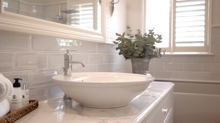 Fototapeta premium Modern Bathroom Sink with White Tiles and Chrome Faucet