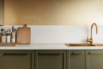 Elegant Home Kitchen Interior with Golden Faucet, Modern Stove, and Empty Space for Design Mockup