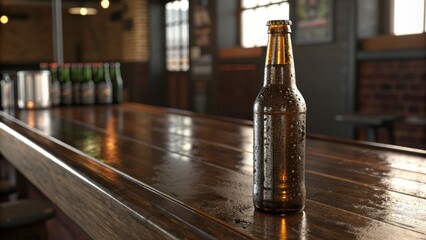 Single Beer Bottle on Wooden Bar Top 3D Render, Condensation, Dark Ambiance, Pub Setting Beer Bottle, 3D Rendering