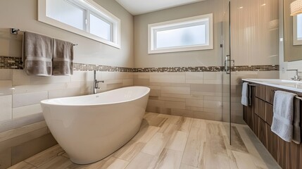 Fototapeta premium Modern Bathroom with Freestanding Tub and Walk-in Shower