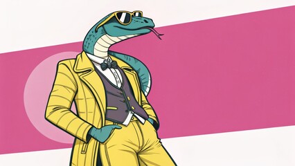Obraz premium Stylish Snake in Yellow Suit Pop Art Illustration, Pink Background, Vector, Fashion, Reptile Snake illustration, Pop Art