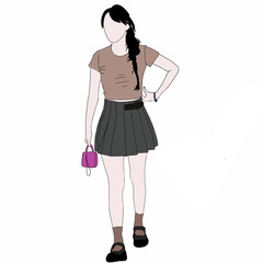 Fototapeta premium Illustration of a fashionable woman wearing a casual outfit with a t-shirt, pleated skirt, and small handbag, depicting contemporary clothing styles and youthful elegance.