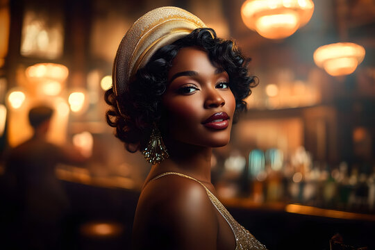 Roaring 20's African American flapper girl in a bar