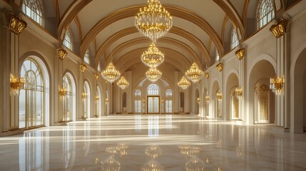 Luxurious reception hall with vaulted ceilings, golden chandeliers, and polished marble floors. Ideal for upscale weddings or galas.