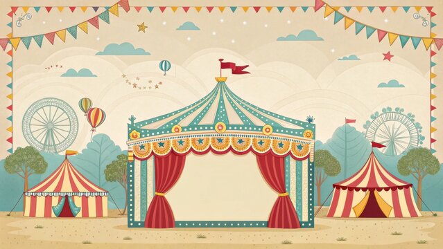Vintage Circus Tent Illustration Retro Fairground Scene with Big Top and Ferris Wheel, Circus Poster Design, Festival Background Circus, Carnival