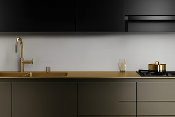 Elegant Home Kitchen Interior with Golden Faucet, Modern Stove, and Empty Space for Design Mockup