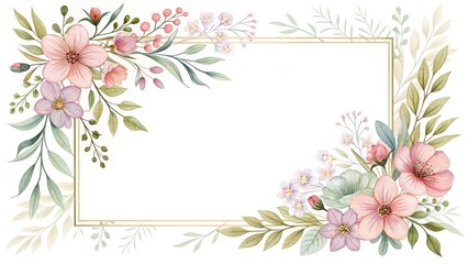 Obraz premium Watercolor Floral Frame Peach and Pink Blooms, Gold Rectangle, Botanical Illustration, Wedding Invitation Design Floral frame, watercolor painting