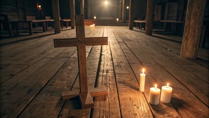Fototapeta premium Wooden Cross on Rustic Church Floor with Candles, Low-key Lighting, Religious Concept,Still Life Photography Keywords Christianity, Faith
