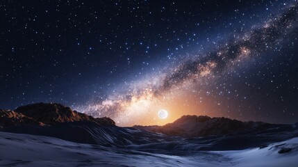 A breathtaking view of a starry sky with mountains silhouetted against a glowing horizon.