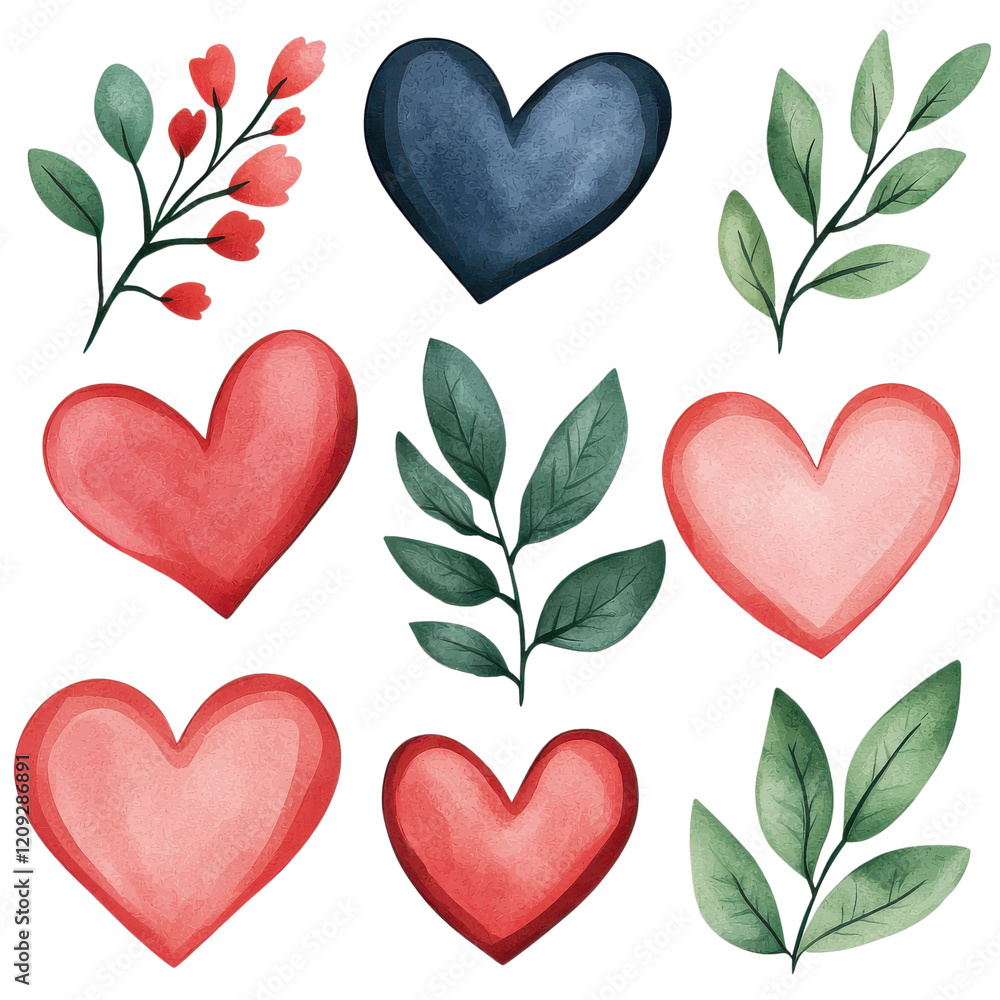 Poster a collection of colorful hearts and foliage arranged artistically in a grid pattern.