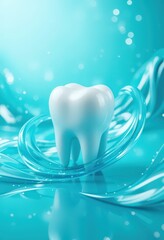 White tooth symbol surrounded by a glossy swirl on a blue background.