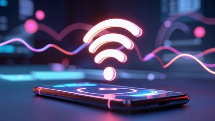 Glowing Wi-Fi Icon with Digital Waves