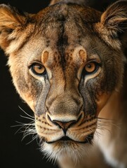 Fototapeta premium Majestic lioness portrait african savannah wildlife photography natural habitat close-up view power and grace