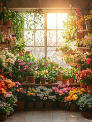 Obraz premium Blooming flowers display in sunlit garden window home decor natural beauty indoor environment floral concept