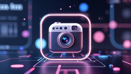 Fototapeta premium Neon Camera Icon with Futuristic Design