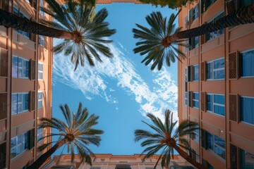 Upward view of palm trees against blue sky. Neural network AI generated